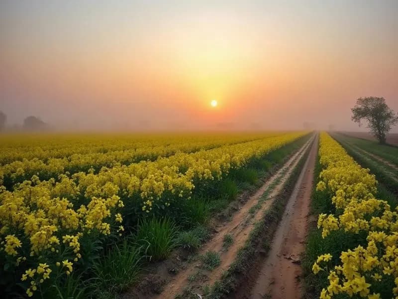 Illustrative mustard fields in the Punjab countryside at sunrise